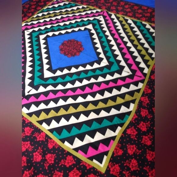 Simon Chang Large Vintage Silk Scarf Floral Geometric Rolled Hem 34" x 34" - Picture 10 of 16